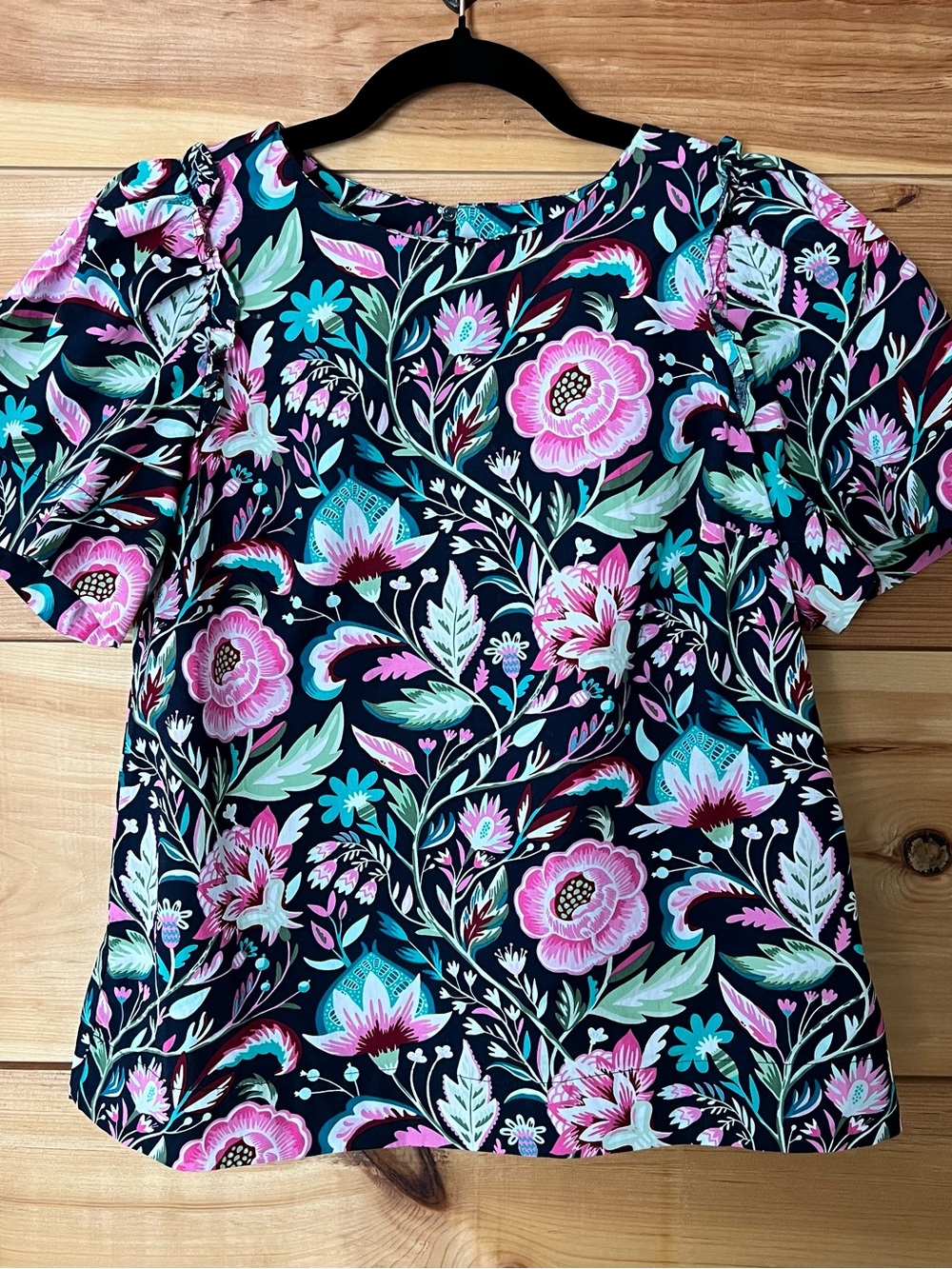 crown & ivy Black Floral Cotton Blouse with Pink & Teal Accents Summer Botanical